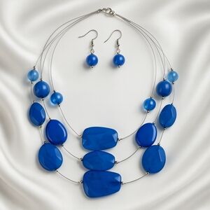 Multi-Strand Blue Beaded Necklace with Matching Earrings Women's Jewelry Jewelry